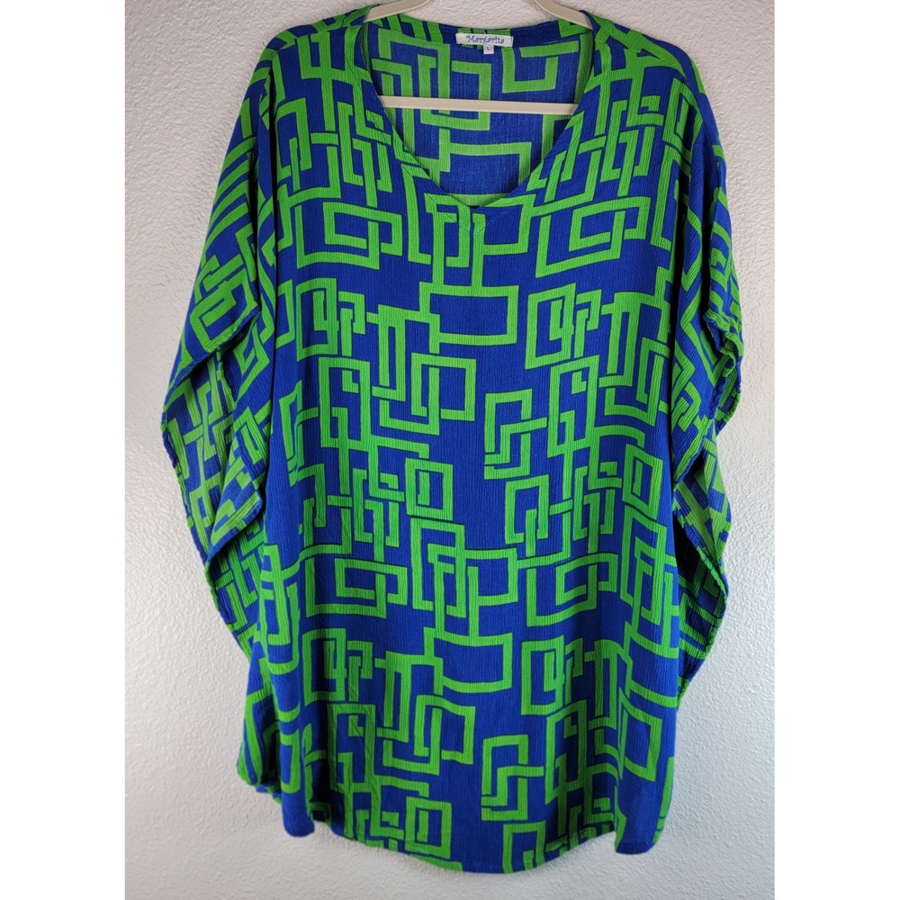 Margarita Blue Green Geometric Kaftan Top Rayon Tunic Labyrinth Resort Wear Lrg